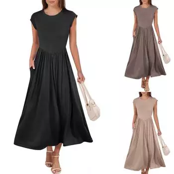 Женское повседневное и модное платье с высокой талией, длинное платье, однотонное платье M бежевый