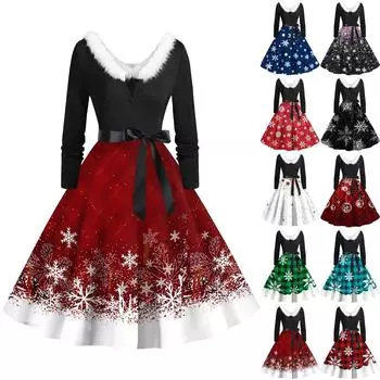 Женское повседневное и модное платье с длинными рукавами и V-образным вырезом с рождественским принтом на молнии L чёрный