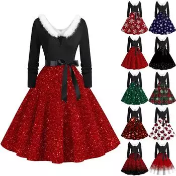 Женское повседневное и модное платье с длинными рукавами и V-образным вырезом с рождественским принтом на молнии S