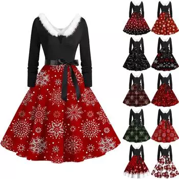 Женское повседневное и модное платье с длинными рукавами и V-образным вырезом с рождественским принтом на молнии L