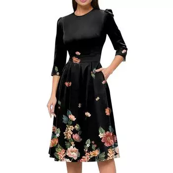 Женское повседневное и модное платье с карманом на рукаве 3/4 и молнией сзади L чёрный