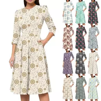 Женское повседневное и модное платье с цветочным принтом, рукавом 3/4, карманом и молнией сзади S