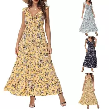 Женское повседневное и модное платье с V-образным вырезом, цветочным принтом, комбинезон и длинная юбка S