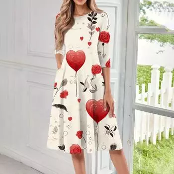 Женское повседневное и модное платье средней длины с круглым вырезом и рукавом семь четвертей L бежевый