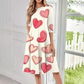 Женское повседневное и модное платье средней длины с круглым вырезом и рукавом семь четвертей L бежевый