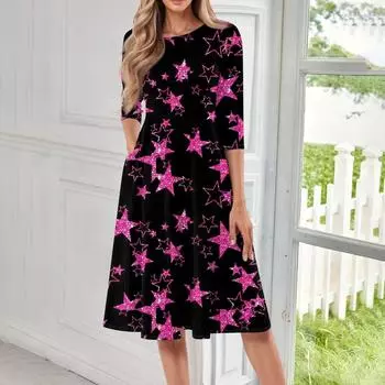 Женское повседневное и модное платье средней длины с круглым вырезом и рукавом семь четвертей L чёрный