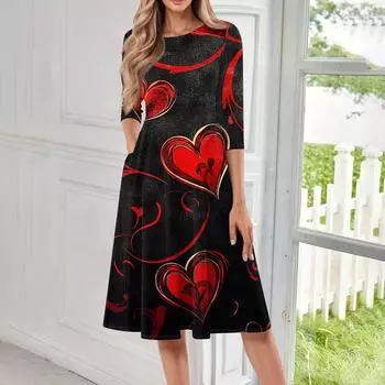 Женское повседневное и модное платье средней длины с круглым вырезом и рукавом семь четвертей L чёрный