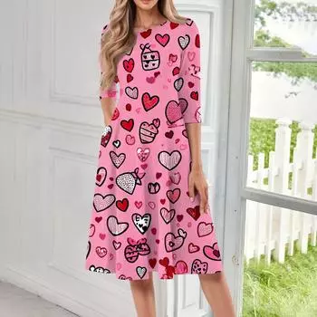 Женское повседневное и модное платье средней длины с круглым вырезом и рукавом семь четвертей L горячий розовый