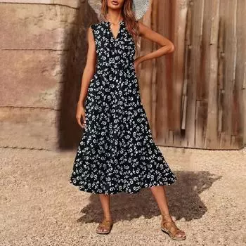 Женское повседневное и модное платье средней длины с V-образным вырезом без рукавов и принтом L чёрный