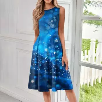 Женское повседневное и модное платье средней длины с круглым вырезом без рукавов и принтом L синий
