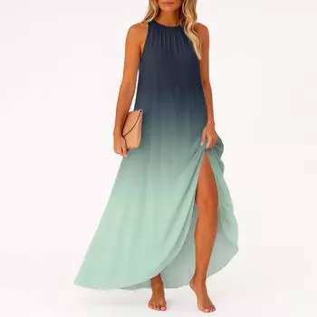 Женское повседневное и модное платье средней длины без рукавов с круглым вырезом XL циан