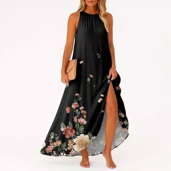 Женское повседневное и модное платье средней длины без рукавов с круглым вырезом XXL чёрный