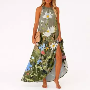 Женское повседневное и модное платье средней длины без рукавов с круглым вырезом XL зелёный