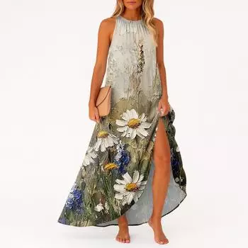 Женское повседневное и модное платье средней длины без рукавов с круглым вырезом XXL зелёный