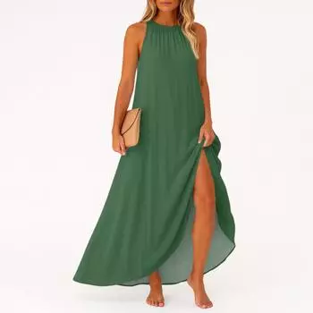 Женское повседневное и модное платье средней длины без рукавов с круглым вырезом L зелёный