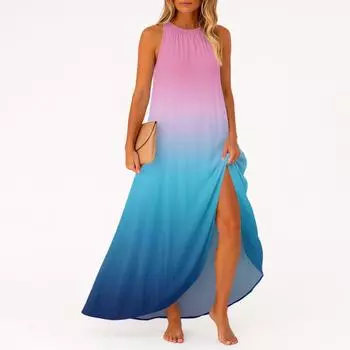 Женское повседневное и модное платье средней длины без рукавов с круглым вырезом L синий