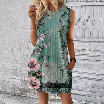 Женское повседневное и модное платье средней длины с круглым вырезом и без рукавов с принтом XL зелёный