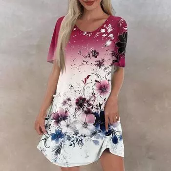 Женское повседневное и модное платье средней длины с V-образным вырезом и коротким рукавом с принтом L розовый