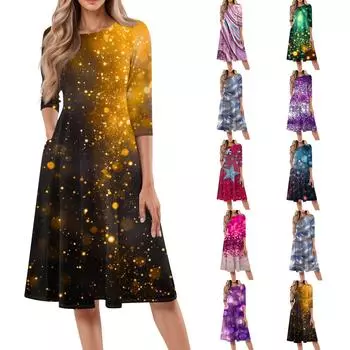 Женское повседневное и модное платье средней длины с круглым вырезом и рукавом семь четвертей L темно-зеленого