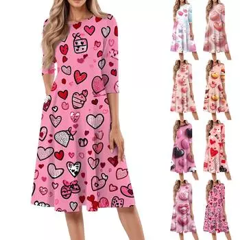 Женское повседневное и модное платье средней длины с круглым вырезом и рукавом семь четвертей L горячий розовый