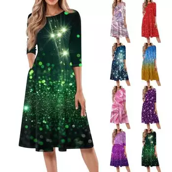 Женское повседневное и модное платье средней длины с круглым вырезом и рукавом семь четвертей L синий