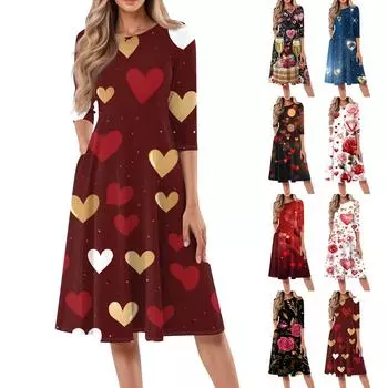 Женское повседневное и модное платье средней длины с круглым вырезом и рукавом семь четвертей L чёрный