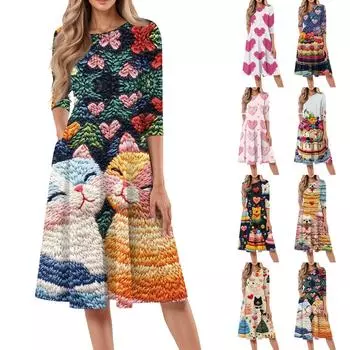 Женское повседневное и модное платье средней длины с круглым вырезом и рукавом семь четвертей XL