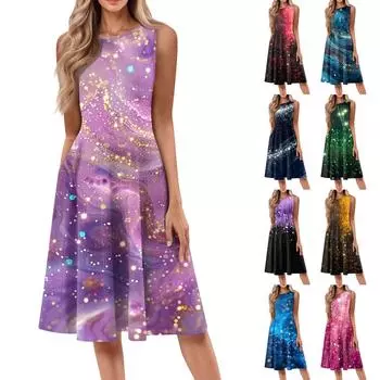 Женское повседневное и модное платье средней длины с круглым вырезом без рукавов и принтом L синий