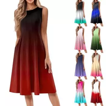 Женское повседневное и модное платье средней длины с круглым вырезом без рукавов и принтом L чёрный