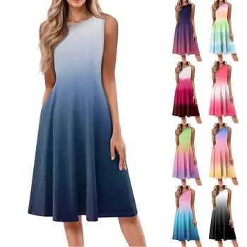 Женское повседневное и модное платье средней длины с круглым вырезом без рукавов и принтом L чёрный