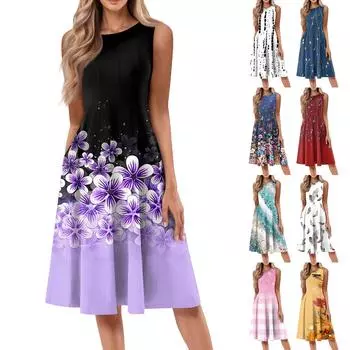 Женское повседневное и модное платье средней длины с круглым вырезом без рукавов и принтом L чёрный