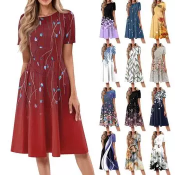 Женское повседневное и модное платье средней длины с круглым вырезом и коротким рукавом с принтом L армия зеленый