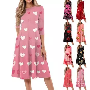 Женское повседневное и модное платье средней длины с круглым вырезом и рукавом семь четвертей XXXL