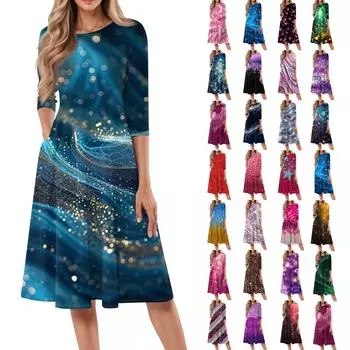 Женское повседневное и модное платье средней длины с круглым вырезом и рукавом семь четвертей L чёрный