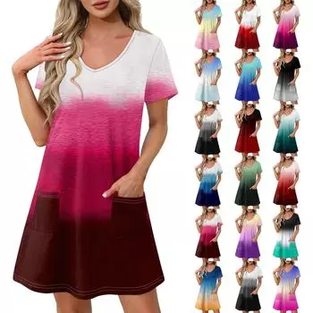 Женское повседневное и модное платье средней длины с V-образным вырезом и короткими рукавами с принтом L синий