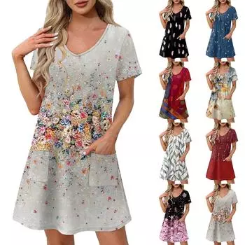 Женское повседневное и модное платье средней длины с V-образным вырезом и короткими рукавами с принтом L чёрный