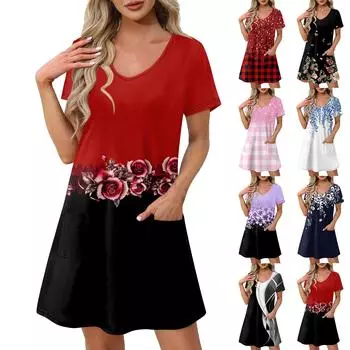 Женское повседневное и модное платье средней длины с V-образным вырезом и короткими рукавами с принтом L чёрный