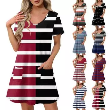 Женское повседневное и модное платье средней длины с V-образным вырезом и короткими рукавами с принтом L синий