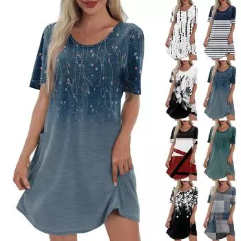 Женское повседневное и модное платье средней длины с V-образным вырезом и коротким рукавом с принтом L чёрный