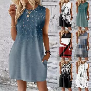 Женское повседневное и модное платье средней длины с круглым вырезом и без рукавов с принтом L чёрный