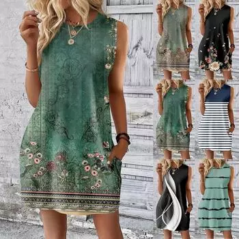 Женское повседневное и модное платье средней длины с круглым вырезом и без рукавов с принтом L армия зеленый