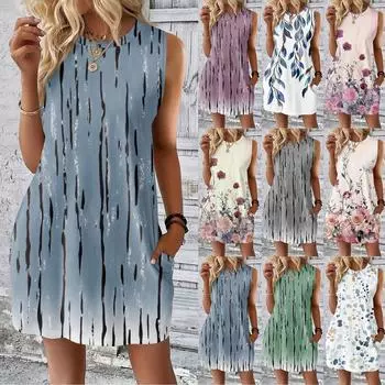 Женское повседневное и модное платье средней длины с круглым вырезом и без рукавов с принтом L