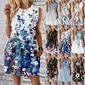 Женское повседневное и модное платье средней длины с круглым вырезом и без рукавов с принтом XXL тёмно-синий