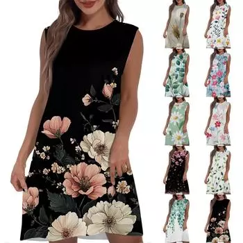 Женское повседневное и модное платье средней длины с круглым вырезом и без рукавов с принтом M бежевый