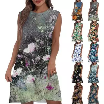 Женское повседневное и модное платье средней длины с круглым вырезом и без рукавов с принтом L зелёный