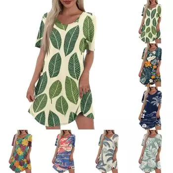 Женское повседневное и модное платье средней длины с V-образным вырезом и коротким рукавом с принтом L синий