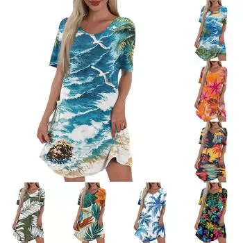 Женское повседневное и модное платье средней длины с V-образным вырезом и коротким рукавом с принтом S