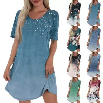 Женское повседневное и модное платье средней длины с V-образным вырезом и коротким рукавом с принтом M тёмно-синий