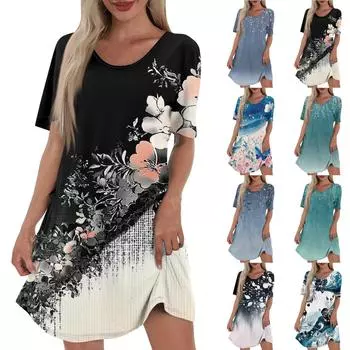 Женское повседневное и модное платье средней длины с V-образным вырезом и коротким рукавом с принтом M белый