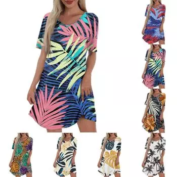 Женское повседневное и модное платье средней длины с V-образным вырезом и коротким рукавом с принтом M бежевый